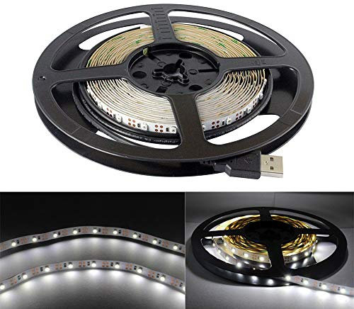 USB LED Strip Light White 5V 5M 300 SMD 3528 with 3M Tape for TV PC Computer Case Back Lighting,Under Counter Light (Non-Waterproof, Cool White 6000-6500K,Pack of 5M)