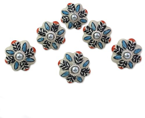 NOVICA Floral laiton nickelé céramique Boutons Cabinet, blanc et bleu, multicolore Fleur Harmonie »(Set of 6) Bleu blanc