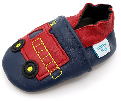 Dotty Fish Zapatos de Cuero Suave para bebés. Antideslizante. Camión de Bomberos Rojo. 6-12 Meses (19 EU)