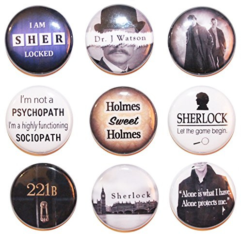 9 Mini Sherlock Fridge Magnet Set (25mm) - Made in UK - by Button Zombie