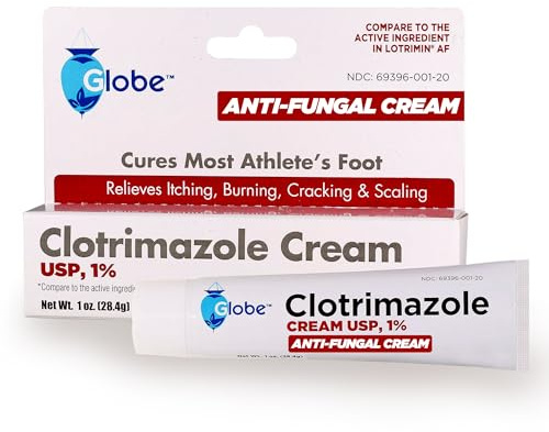 Globe Clotrimazole Antifungal Cream 1% USP (1 oz), Anti Fungal Treatment, Relieves Itching, Burning, Cracking and Scaling Associated Athletes Foot, Jock Itch, Ringworm and More