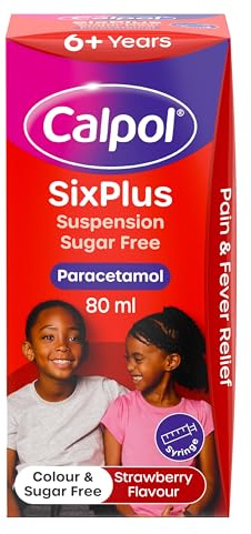 Calpol SixPlus Oral Suspension Paracetamol (1 x 80ml), Sugar-Free Strawberry Flavour Calpol 6 Plus with Paracetamol for Fever & Pain Relief, Suitable for Kids from 6 Years