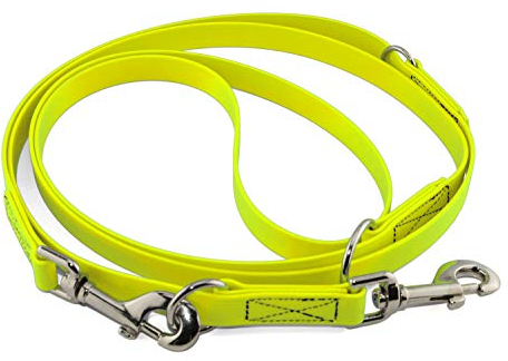 LENNIE Verstellbare BioThane Führleine, 13mm breit, 5m lang, Neon-Gelb, genäht, Doppelleine