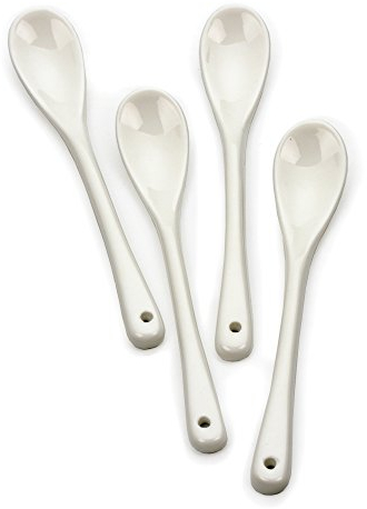 RSVP International Poached Egg Spoon, 4 Piece Set Multipurpose Use for Serving Jam, Honey or Soft Boiled Eggs, 5-1/2 Length, White Porcelain