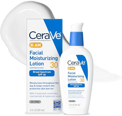 CeraVe AM Facial Moisturizing Lotion with SPF 30, Oil-Free Face Moisturizer with SPF, Formulated with Hyaluronic Acid, Niacinamide & Ceramides, Non-Comedogenic, Broad Spectrum Sunscreen, 3 Ounce