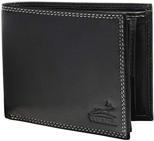 Fa.Volmer ® Leder Geldbörse Herren mit RFID-Schutz - weiches, unempfindliches Nappaleder, extra-stabile Doppelnaht - 9 Fächer für Kreditkarten - Querformat - Schwarz