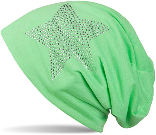 styleBREAKER Klassische leichte Unisex Beanie Mütze mit Stern Strass Applikation 04024019, Farbe:Neongrün