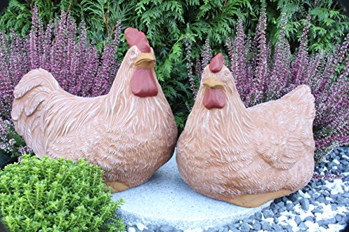 STEINFIGUREN SPICKER Steinfigur Huhn, Henne, Hahn 2er Set 135/3, 180/3 Gartenfigur Steinguss Tierfigur Terrakaotta Patina