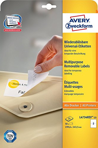 Avery Etiketten ablösbar weiße Drucker – Drucker-Etiketten weiß, Selbstklebende Etikette, A4, Papier, Laser/Inkjet, abnehmbar)