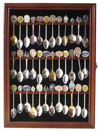 36 Souvenir Tea Spoon Solid Wood Display Case Rack Cabinet with Lockable Door Walnut Finish