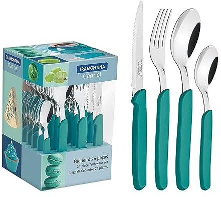 Tramontina - Ménagère 24 pièces Carmel, ensemble de couverts de table pour 6 personnes, set de couverts en acier inoxydable 18/10 avec poignées de couleur, turquoise