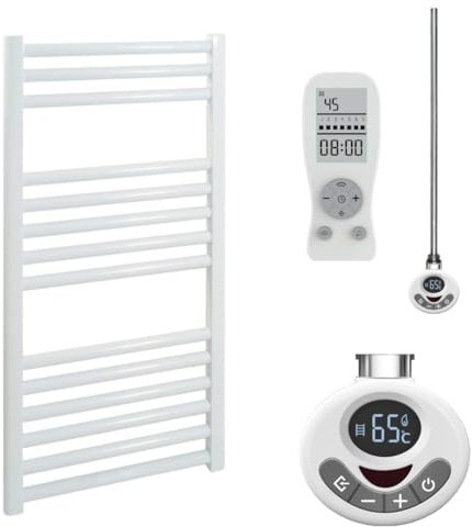 Sol*Aire Heating Products Bray Straight Thermostatic Electric Heated Towel Rail/Warmer/Radiator, White, With Timer. Round Tube, 25mm Bars, High Output. For Bathroom, Kitchen, 800 x 400