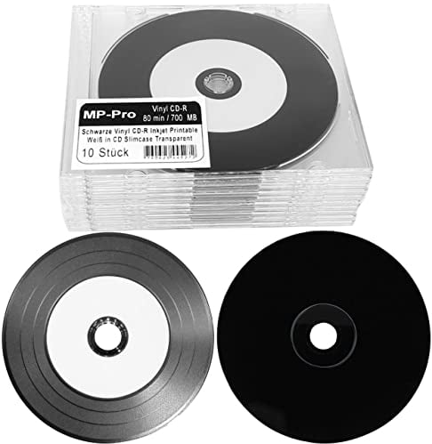 Schwarze Vinyl CD Rohlinge Bedruckbar Weiß CD-R 80min/700MB mit Vinyl-Optik Schallplatten Retro-Look und Inkjet Printable Bereich - 10 Stück in Slimcase CD Hüllen Transparent