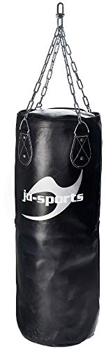 Ju-Sports Boxsack hängend Ø 35cm I Sandsack Echt Leder Profi für das Box Training I Sehr stabil mit Kette + Drehwirbel, Kette verdreht Sich Nicht I Größe: 90 cm