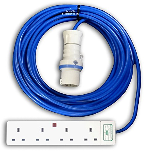 5 metre Blue Caravan Hook Up/Extension Cable with 16 Amp Plug & 4G Trailer - Professionally assembled by MCD Electrical