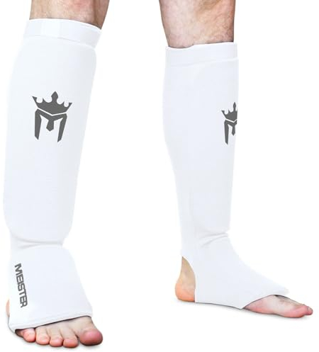 Meister MMA Guardias Acolchadas para Espinillas y Empeines de Tela Elástica (Par) - Blanco - Grande/X-Grande