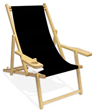 Holz-Liegestuhl mit Armlehne und Getränkehalter, Klappbar, Wechselbezug (Schwarz)