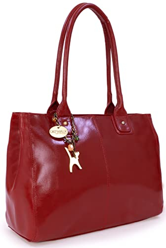 Catwalk Collection Handbags - Damen Leder Schultertasche - Handtasche Tote Bag Groß - Arbeitstasche für Notizbuch A4 - Kensington - Schwarz - Rot