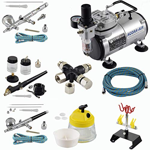 Agora-Tec® Airbrush Komplett-Set EXPERT XII.13, inkl. Kompressor mit 4 bar und 20l/min + 3 Airbrushpistolen mit 0,2 & 0,3 & 0,5 & 0,8mm Nadeln/Düsen + 3-fach Luftdruckverteiler + 4-fach-Halter + Clean-Pot + 3 Schläuche + Adapter