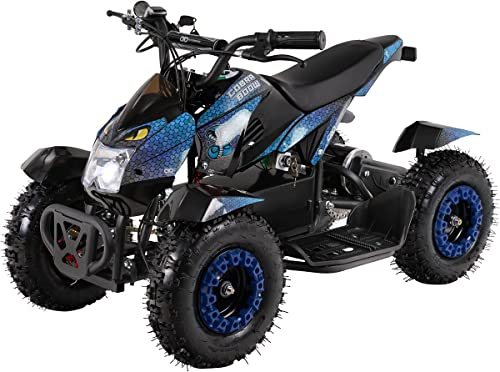 Actionbikes Motors Kinder Quad Elektro ATV Cobra | 𝟑𝟔 Volt 𝟖𝟎𝟎 Watt Motor bis 𝟑𝟎 km/h - Kinderquad - Pocket Quad - Safety Touch Fußschalter - Miniquad - Für Kinder ab 6 Jahren (Schwarz/Blau)