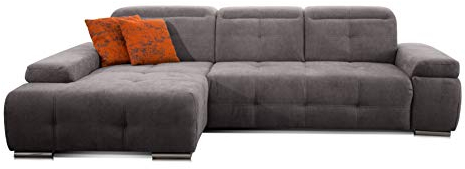 CAVADORE Schlafsofa Mistrel mit Longchair XL links / Große Eck-Couch im modernen Design / Mit Bettfunktion / Inkl. verstellbare Kopfteile / Wellenunterfederung / 273 x 77 x 173 cm(B x H x T) / Grau