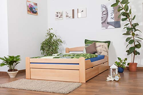 JugendbettEasy Premium Line K4, inkl. 2 Schubladen und 1 Abdeckblende, 140 x 200 cm Buche Vollholz massiv Natur