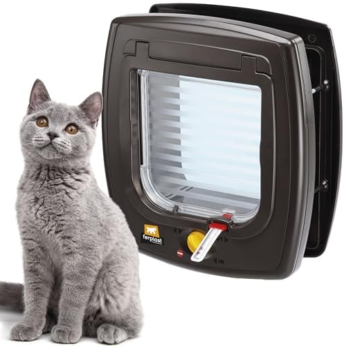 Ferplast Chatiere Magnetique, Porte pour Chats, Entrée et Sortie Contrôlables à 4 Voies, Proctection contre les Courants d'air, Collier Chat avec aimant inclus, SWING 7 Marron