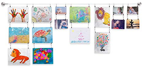 Wallniture Barre Wire Picture Hangers for Kids Crafts and Artwork, Expandable 196 Inch Wall Decor with 24 Clips Set, Silver