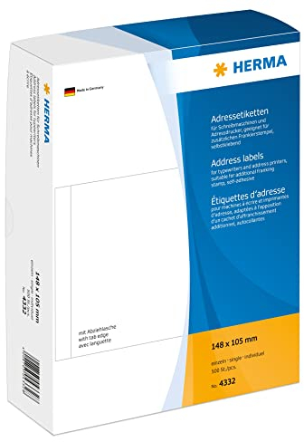 HERMA 4332 Adressetiketten für Schreibmaschinen, 148 x 105 mm, 500 Stück, selbstklebend, matt, einzeln, blanko Papier Adressaufkleber Klebeetiketten Aufkleber, weiß