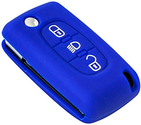 Housse de Protection en Silicone pour Clé Compatible avec Peugeot 207 307 308 407 3008 5008 & Citroën C2 C3 C4 C5 C6 C8 | 3 Boutons | Coloris Bleu | Étui Protection Coque Clé CE0523 & CE0536