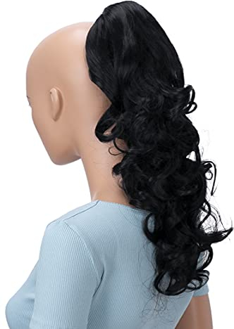 CAISHA Postiche 40cm Avec Pince Papillon Tresse Queue De Cheval Résistant à la chaleu Extension De Cheveux Volumineux Ondulé Noir H201
