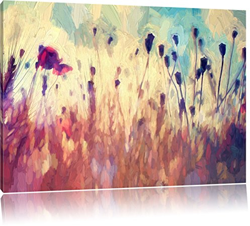 Pixxprint Mohn im Weizenfeld Kunst Pinsel Effekt, Größe: 120x80cm, Leinwandbild, fertig gespannt, Wandbild, Dekoration, Kunstdruck, kein Poster