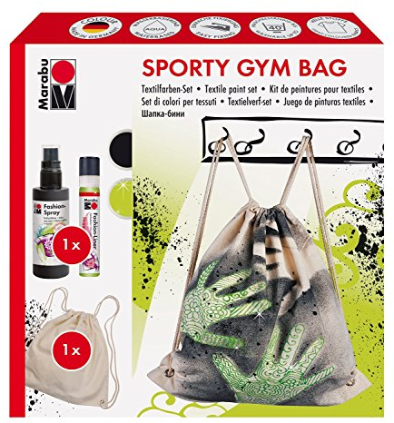 Marabu 1719000000090 - Fashion Spray Kreativset, Sporty Gym Bag, Textilsprühfarbe auf Wasserbasis, für helle Textilien, 100 ml Spray in schwarz, 25 ml Fashion Liner in reseda und ein Gym Bag