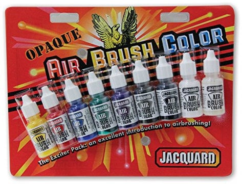 Jacquard Opaque Airbrush Paint Set with 8 Vibrant Colours, Multi-Surface Water-Based Acrylic Formula for Fabric Leather and Models, Ready to Use Exciter Pack of 14ml Bottles