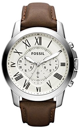 Fossil Grant uhr für Herren, Quarz-Chronographenwerk, mit Edelstahl- oder Lederarmband, Weiß und Braun, 44MM