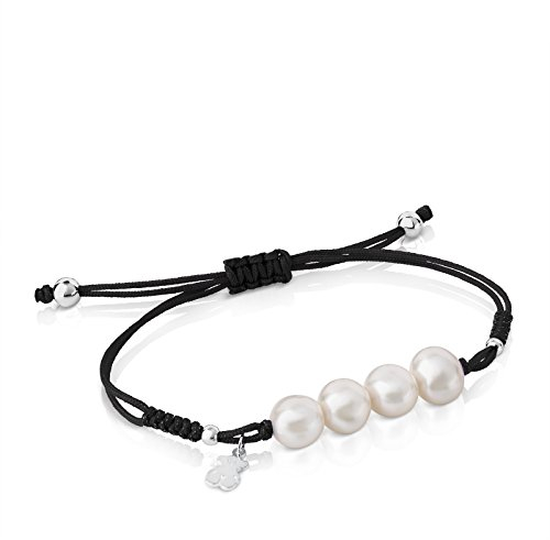 TOUS Schwarzes Armband aus Seil und Perlen für Damen mit Bärenmuster aus massivem Silber, 16 cm lang, originell und mutig, Beads Collection