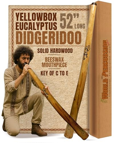Eucalyptus Yellowbox Didgeridoo - 52 Long, Hand Finished, Beeswax Mouthpiece, Key of C-E, Durable Natural Finish by World Percussion USA