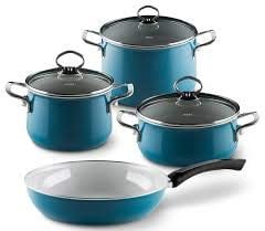 Riess, 0519-010, Starter-Set 4-teilig, NOUVELLE - AQUAMARIN EXTRA STARK, bestehend aus: Fleischtopf mit Glasdeckel 16 und 20 cm, Kasserolle mit Glasdeckel 20 cm und Emaille-Pfanne 28 cm