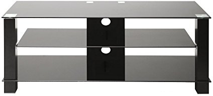 Meuble TV ERARD 035262 CUB 1100, Ouvert, 3 Plateaux, Verre trempé 8 mm (supérieur), Verre 6 mm (inférieurs), Pieds Aluminium UV, Passe-câbles, Finition époxy Noire