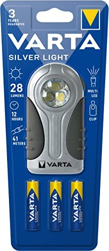 VARTA Taschenlampe LED inkl. 3x AAA Batterien, Silver Light, Taschenleuchte mit Ring zum Aufhängen, robustes Gehäuse mit Gummigriff, kompakt und handlich, breiter Lichtstrahl