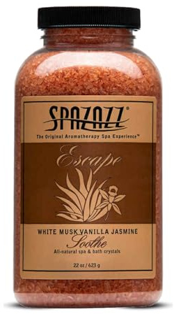 Spazazz Escape 22oz Pomegranate spa, hot tub and Bath Crystals | 22 oz oil-free aromatherapy bath salt crystals with vanilla musk jasmine fragrance for spa, hot tub and relaxing bath soaks.