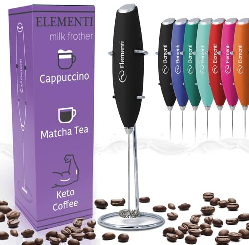 Elementi Milk Frother Handheld with Stand - Matcha Whisk - Electric Whisk for Coffee and More - Midnight Black