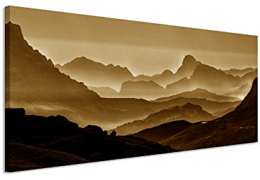 Sinus Art 150x50cm Wandbild Panorama Fotoleinwand Bild in Sepia Landschaft Berge