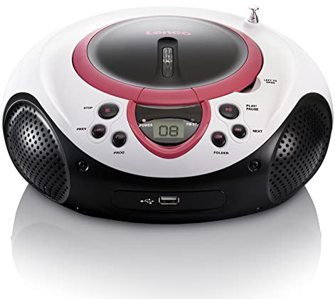 Lenco SCD-38 USB Rose - Radio FM portable avec lecteur CD/MP3 - Entrée USB - Entrée AUX - Rose
