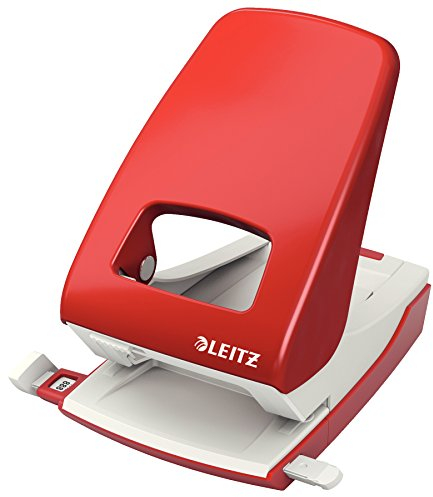 Leitz Starker Büro Locher aus Metall, Für 40 Blatt, Anschlagschiene mit Formatangaben, Ergonomisches Design, rot, 51386025