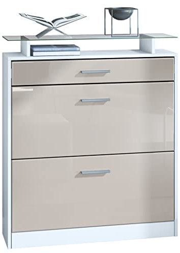 Vladon Schuhschrank Loret 89 x 104 x 23 cm Schuhkipper für 16 Paar Schuhe mit 1 Schublade, 1 Glasablage, Farben Weiß matt & Sandgrau Hochglanz