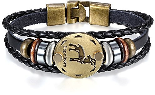 JewelryWe Schmuck Herren Damen Steinbock Armband, 12 Tierkreis Sternzeichen Horoskop Charms Druckknopf Armreif, Leder Legierung, schwarz