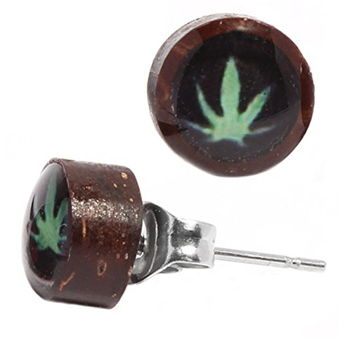 Ohrstecker Unisex 8 mm Kokosnuss Holz Edelstahl Hanfblatt Resin Inlay rund schwarz grün | Lobe Piercing Damen Herren Ohr Schmuck Handarbeit Chirurgenstahl |Geschenk Ohrringe braun