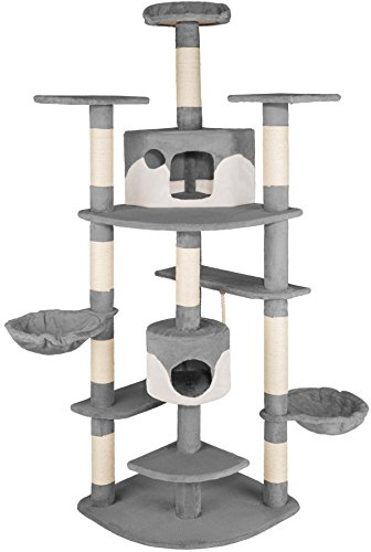 tectake® Rascador Árbol para Gatos 4 Plataformas, 2 Casetas, Varias Alturas, 2 Nidos Basculantes, Rascador para Gatos Grandes, Árbol Rascador para Gatos, Casa para Gatos - 201 cm Gris/Blanco