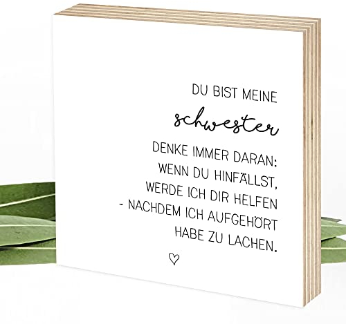 Wunderpixel® Holzbild Meine Schwester - 15x15x2cm Holzschild zum Hinstellen/Aufhängen, echter Fotodruck mit Spruch auf Holz - schwarz-weißes Wand-Bild Aufsteller Dekoration und Geschenk-Idee